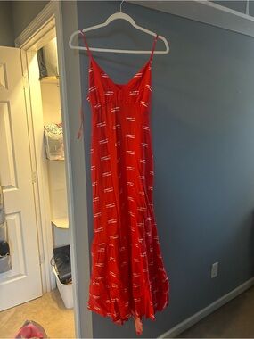 Red Spaghetti-Strap Maxi Dress with White Fish Print